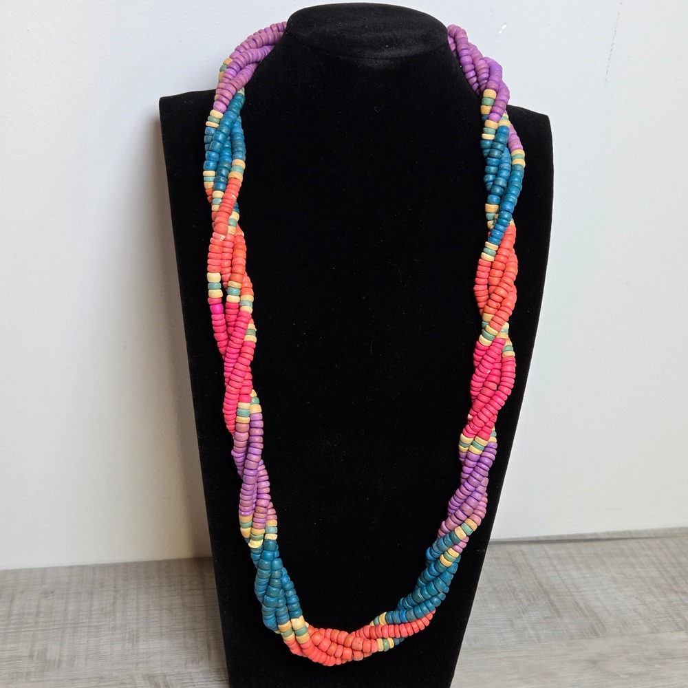 Vintage Boho Beaded Necklace Twisted Multi Color Wood Turquoise Clasp Accent